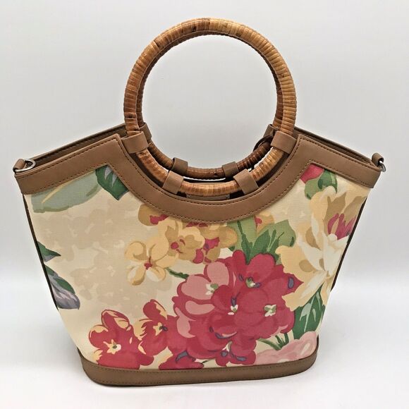 Fossil Hibiscus Boat Double Bamboo Handle Bag Floral Purse 75082 Key Charm - Picture 6 of 11